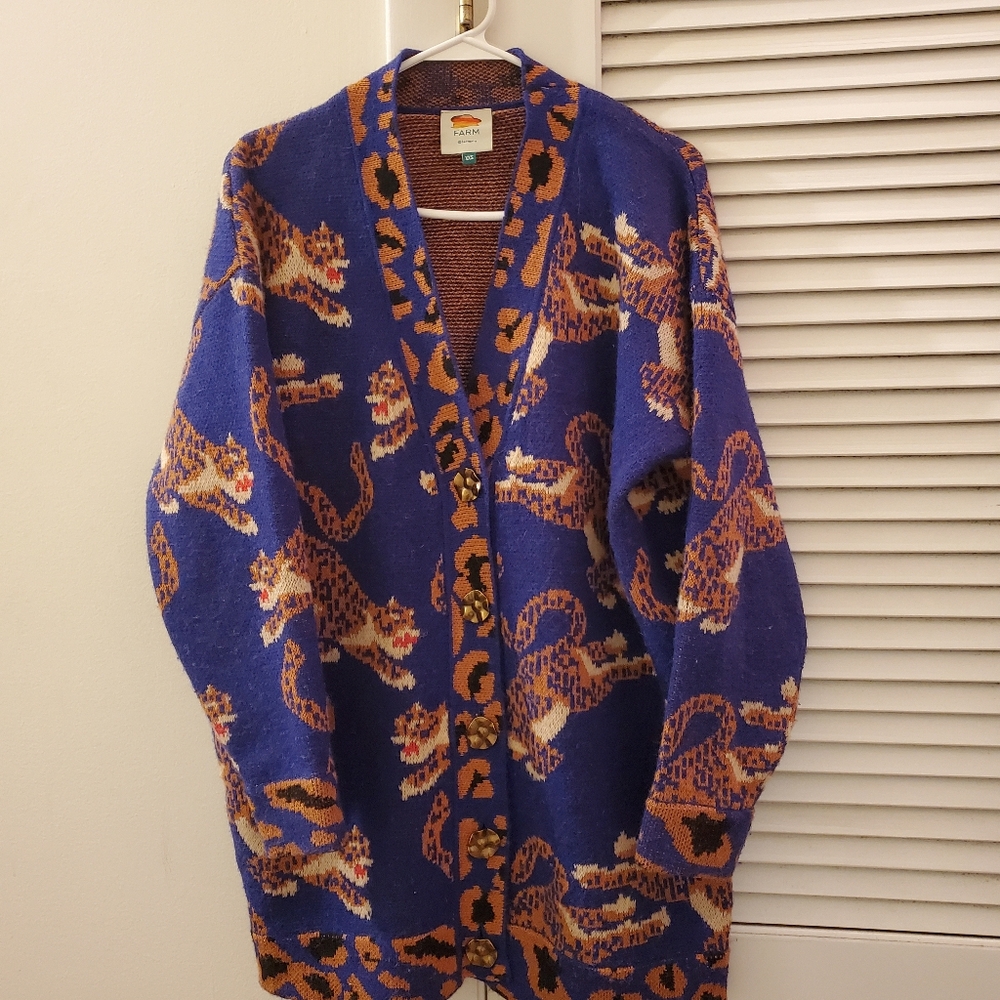 EUC FARM Rio XXS Navy Leopards Knit Cardigan